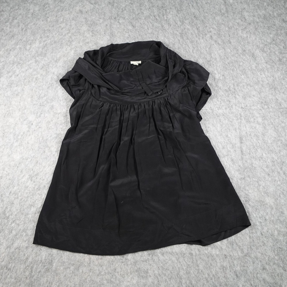 Odille Anthropologie Top Women 6 Black Silk Cowl Neck Button Cap Sleeve Babydoll